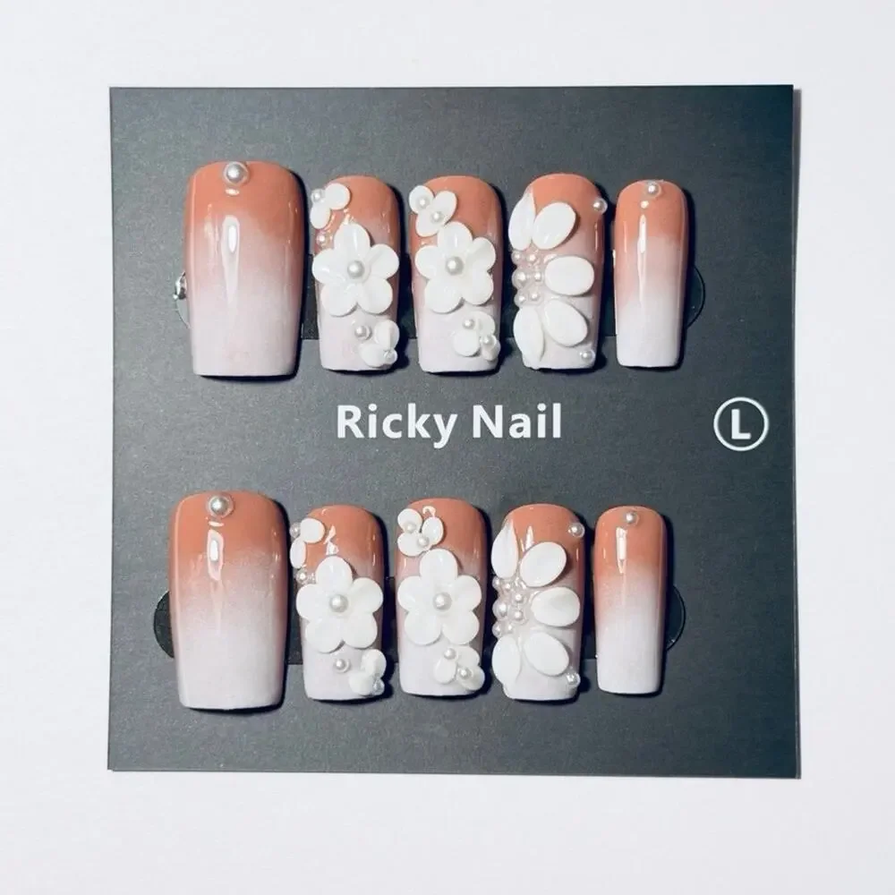 Ricky Nail 3D White Floral Ombre Press On Nails Size Large